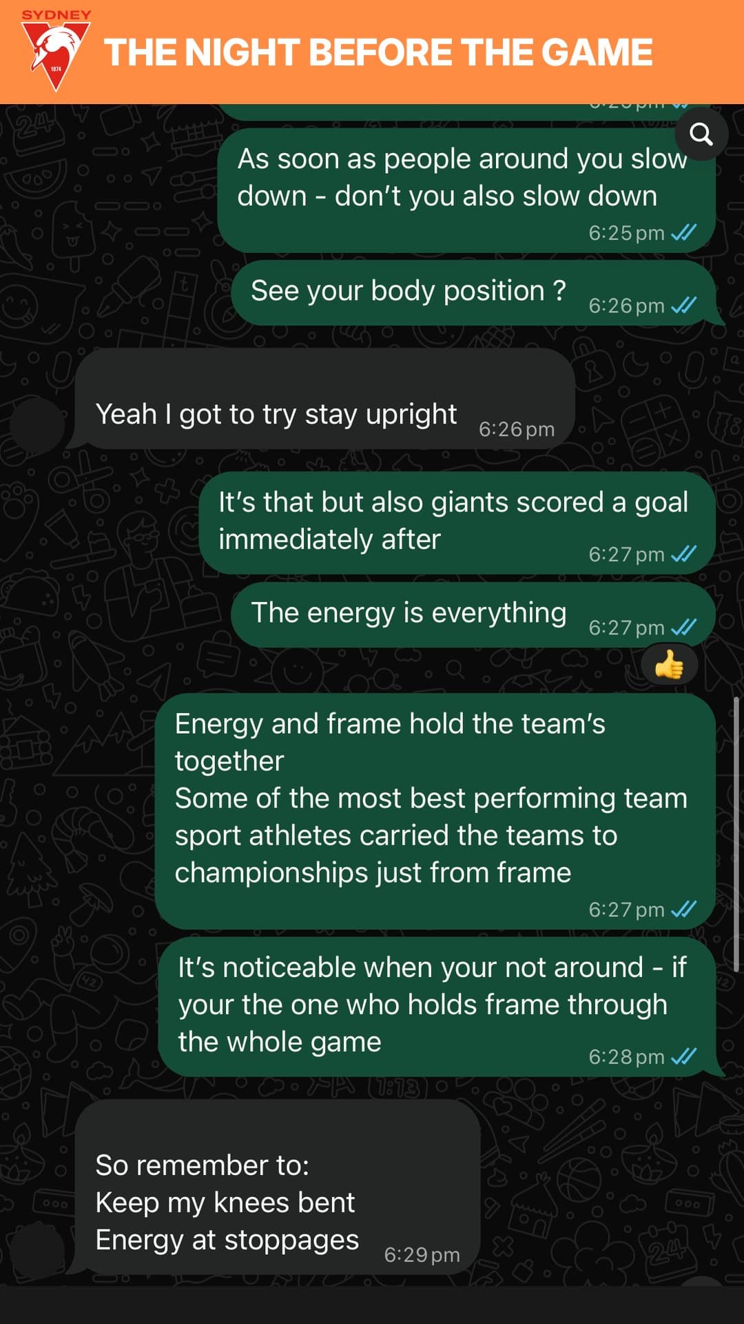 Real client message, Sydney Swans youth player, the night before v GWS Giants