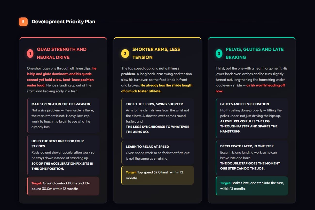 Report page listing three ranked development priorities, each with the work that addresses it and a twelve-month target