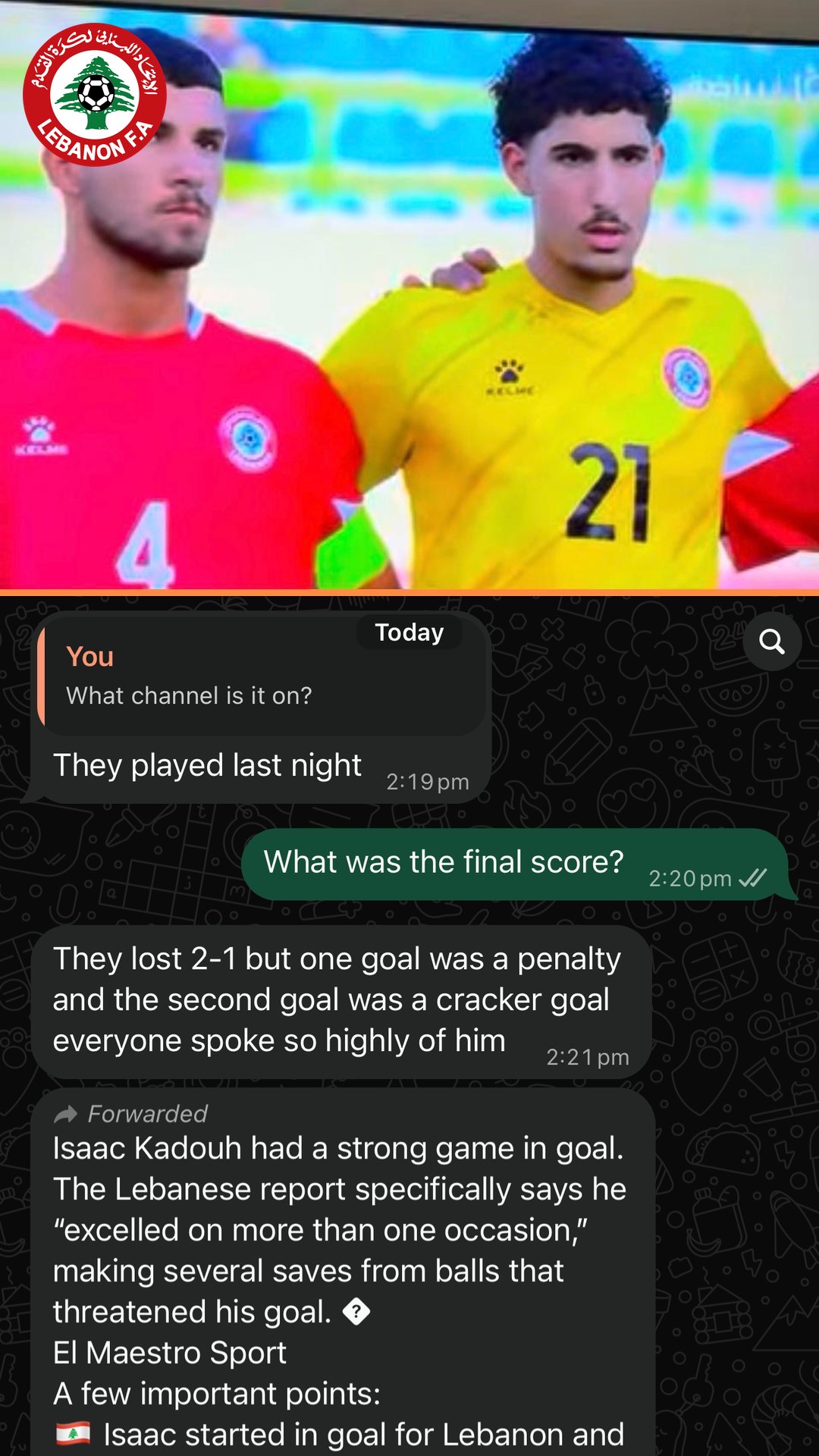 WhatsApp message: Isaac Kadouh · Lebanon youth national team debut