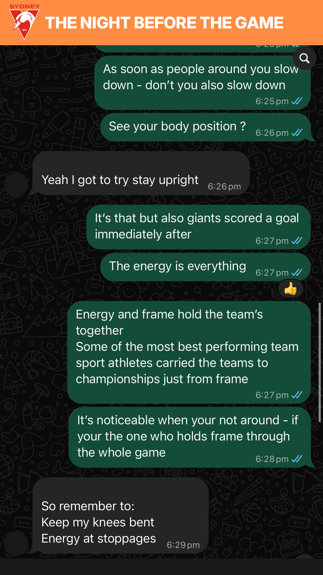 WhatsApp message: Sydney Swans youth player · the night before v GWS Giants